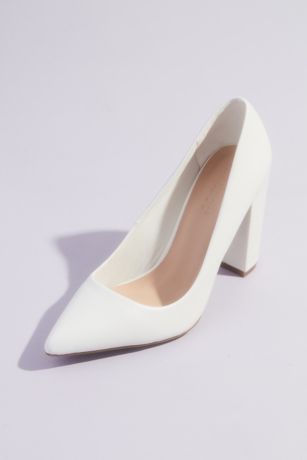Bamboo White Pumps (Classic Pointed Toe Block Heel Pumps)